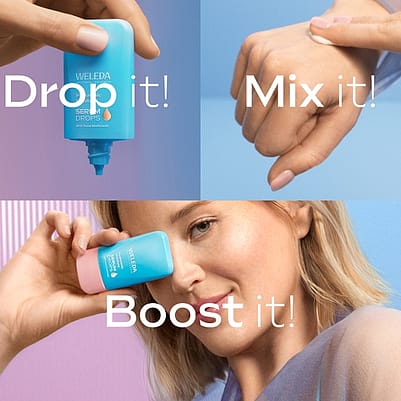 jeune femme blonde tenant le booster drop Hyaluronic Serum devant son visage