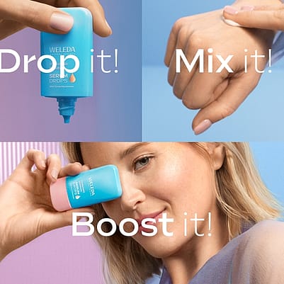 Model is holding Hyaluronic Serum in front of face