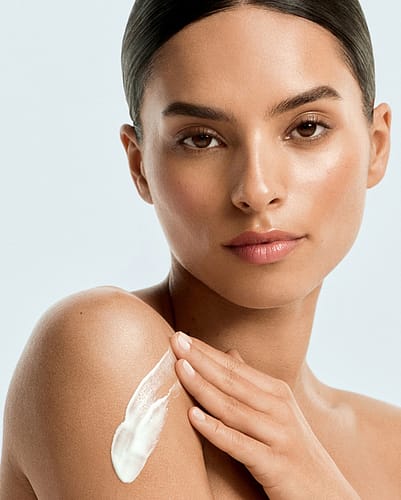 Woman applying lotion on her upper arm