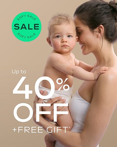 Mother holding baby and Up to 40% off * EOFY SALE + FREE Gift* text