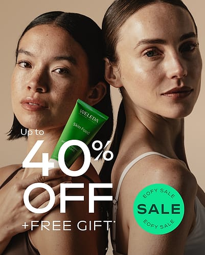 Two women back to back and one holding Weleda Skin Food Original and Up to 40% off * EOFY SALE + FREE Gift* text