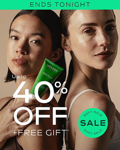 Two women back to back and one holding Weleda Skin Food Original and Up to 40% off * EOFY SALE + FREE Gift* text