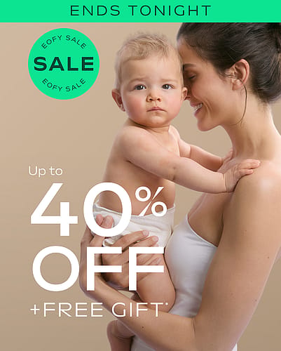 Mother holding baby and Up to 40% off * EOFY SALE + FREE Gift* text. ENDS SOON