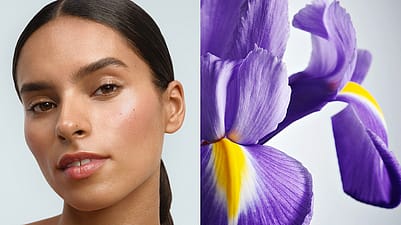 On the left a model, on the right a close-up of an iris flower