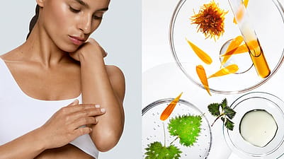 On the left a model touching her elbow, on the right plant-based raw materials