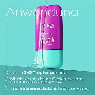 Packung der Clear & Pure Serum Booster Drops mit der Textur der Pflege