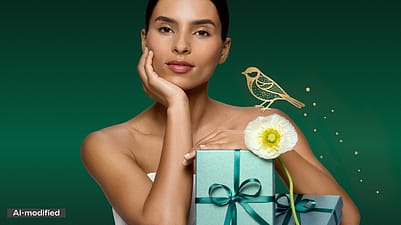 Frau hinter blauem Geschenk, Vogel-Illustration auf der Schulter