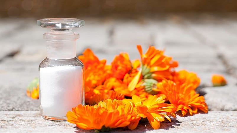 Flasche mit weißem Granulat umringt von Calendula Blüten