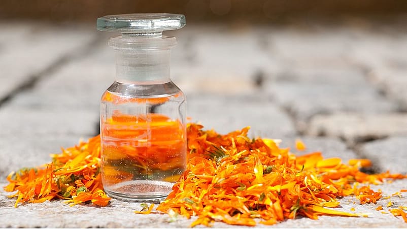 Flasche mit klarer Flüssigkeit umringt von Calendula Blüten