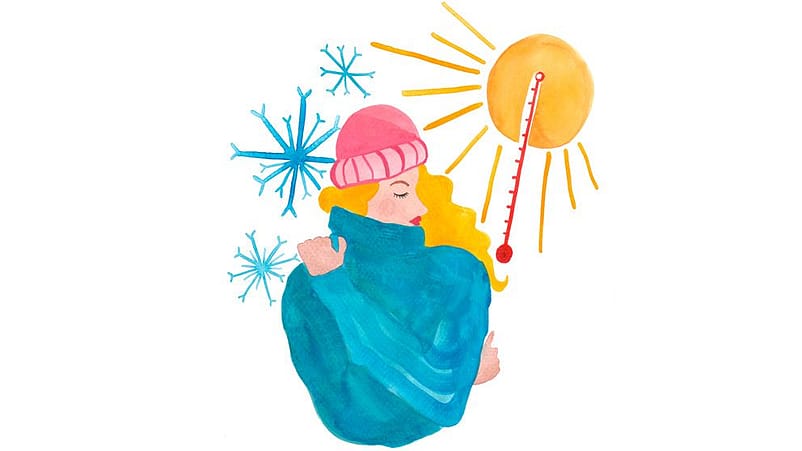 Disegno di donna esposta o al troppo freddo o al troppo caldo