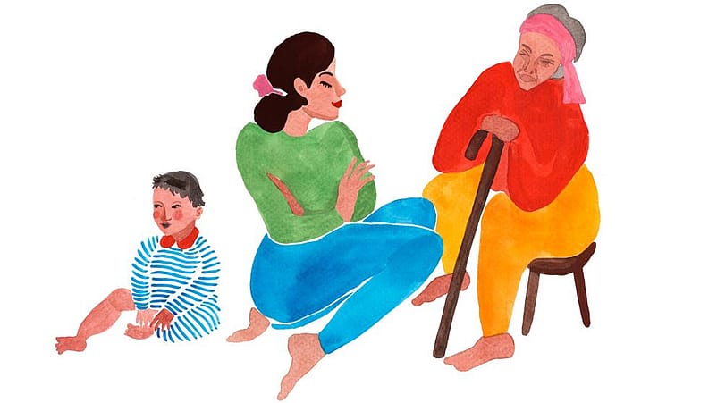 Disegno di tre generazioni, nonna, mamma, bambino