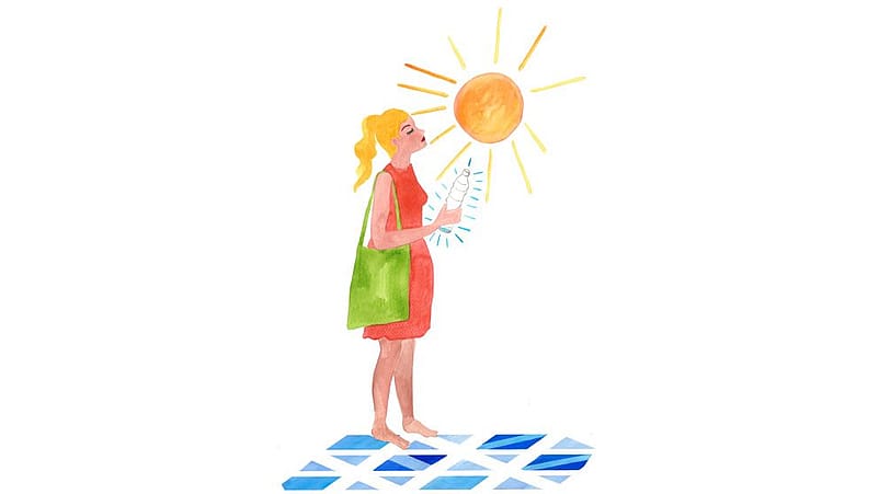 disegno di ragazza al sole mentre tiene in mano una bottiglia d'acqua