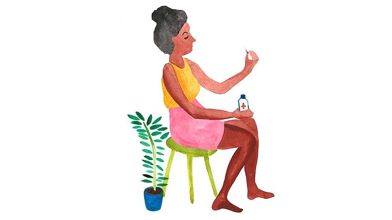 Disegno di una donna mentre sta per prendere una medicina