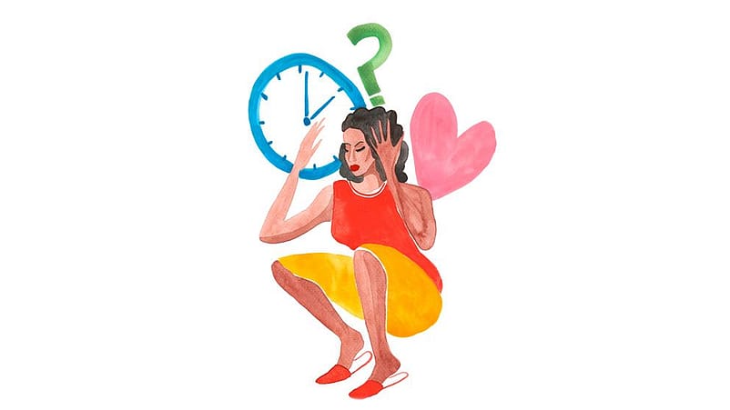 Disegno di una donna che si interroga sulle sue emozioni e sul tempo