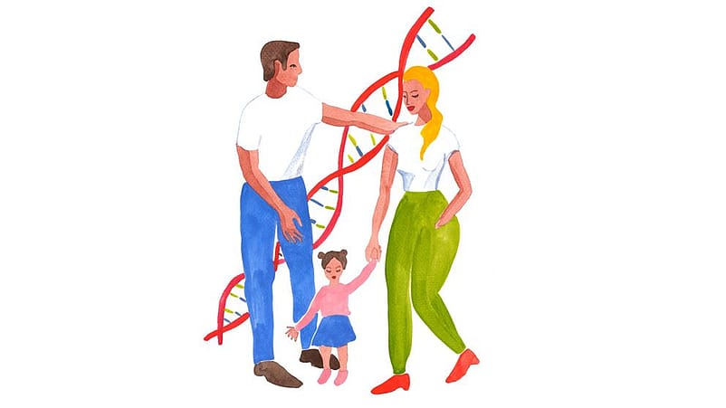 Disegno di una famiglia, nello sfondo il disegno del dna