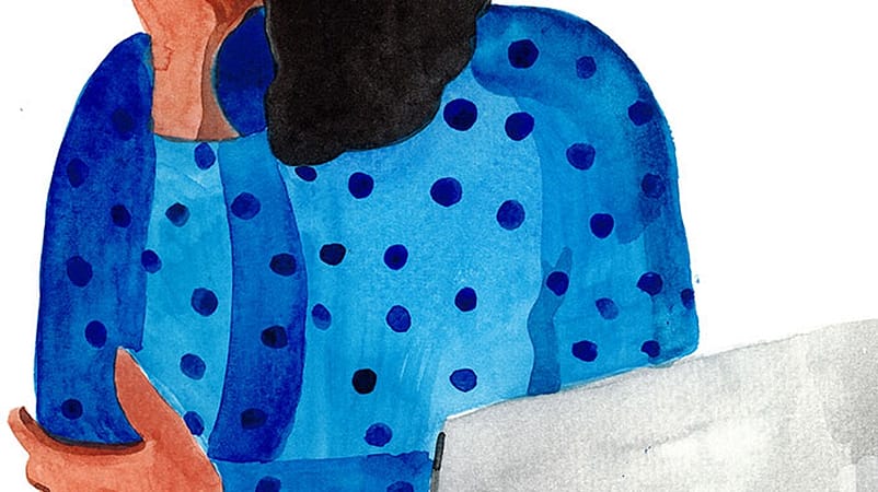 Disegno di donna che fa l'esercizio occhi guardando lontano dal suo computer