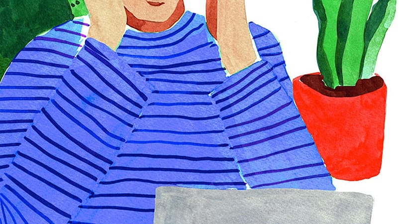 Disegno di uomo al computer e massaggia il contorno occhi