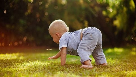 bebe aprendiendo a andar en el cesped