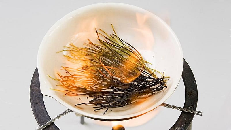 Gluehende Zweige in einer feuerfesten Schale