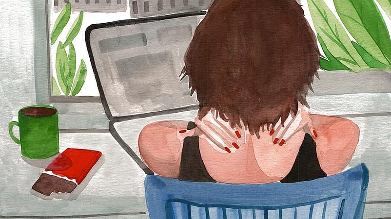 Disegno di una donna alla scrivania che si tocca il collo