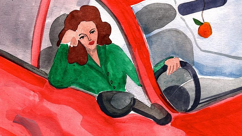 Disegno di una donna spazientita dentro la sua auto bloccata nel traffico