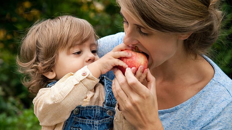 bebe le da de comer una manzana a su mama