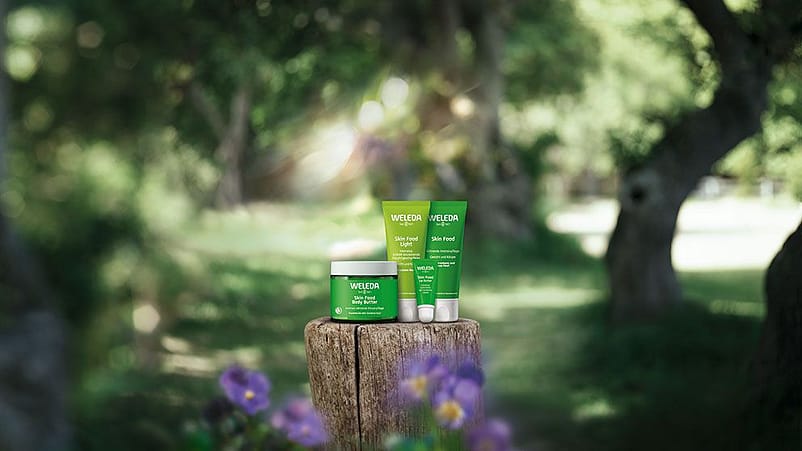 immagine di sfondo di bosco sfocata, in primo piano alcuni prodotti della linea Skin Food