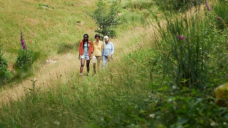 mujeres caminando por el campo