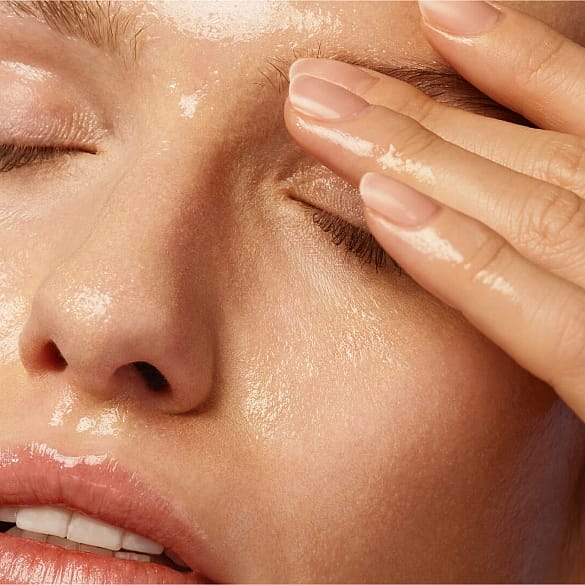 mujer aplicandose el aceite desmaquillante durante su rutina de limpieza facial