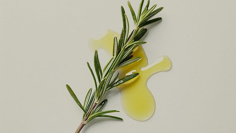 Rosmarin Zweig mit Öl im Hintergrund