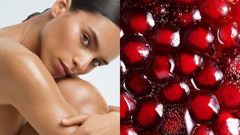 Immagine a sinistra donna che si abbraccia le gambe, a sinistra i grani del melograno
