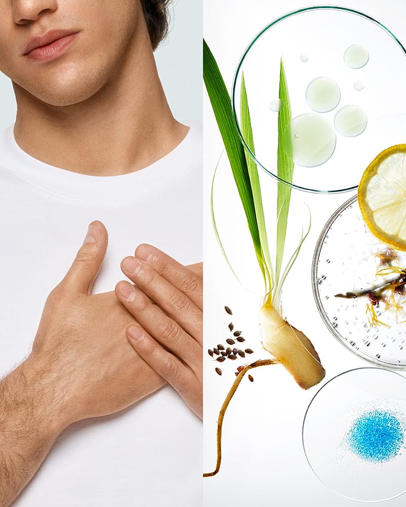 Split Image, links Mann legt Hände auf die Brust, rechts Pflanzen