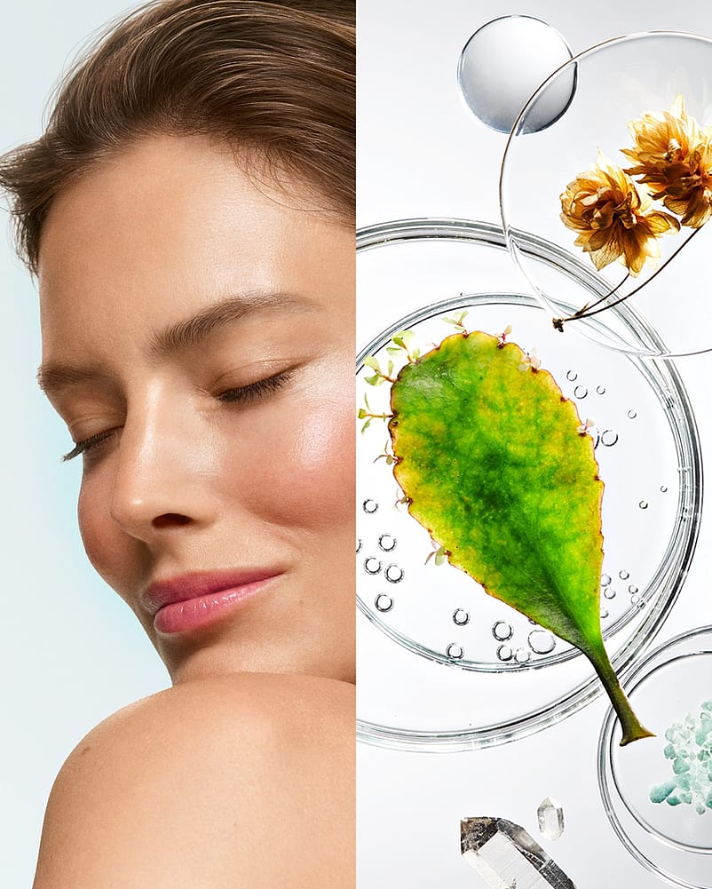 Split Image, links Gesicht einer Frau die über ihre Schulter blickt, rechts Pflanzen