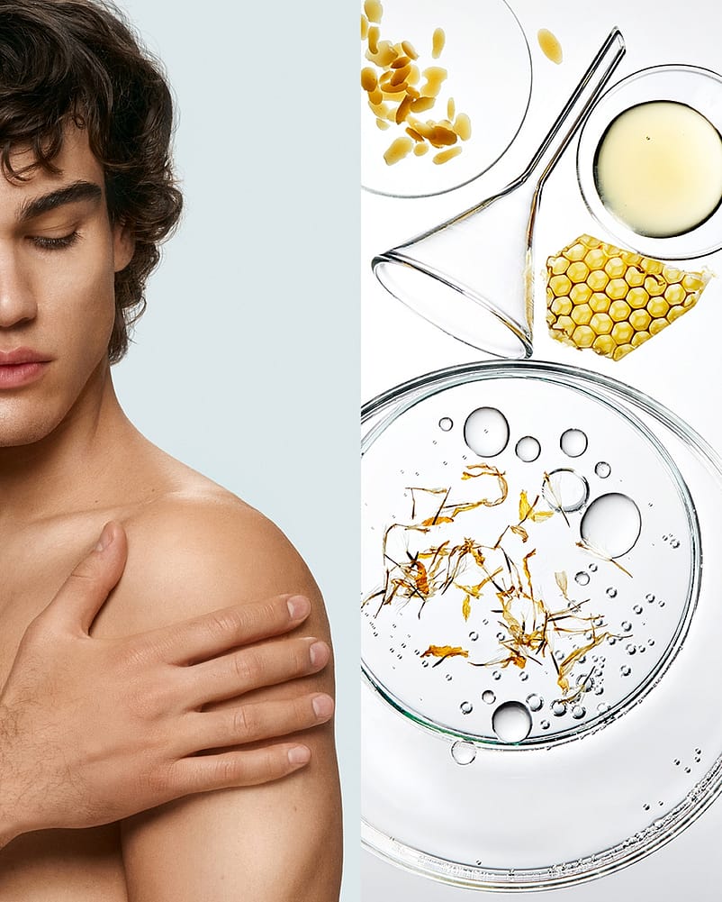 Split Image, links Mann der seinen Arm anfässt, rechts Pflanzen