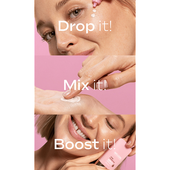 3 bilder i ett på en tjej som smörjer in Weleda Skin Booster Drops