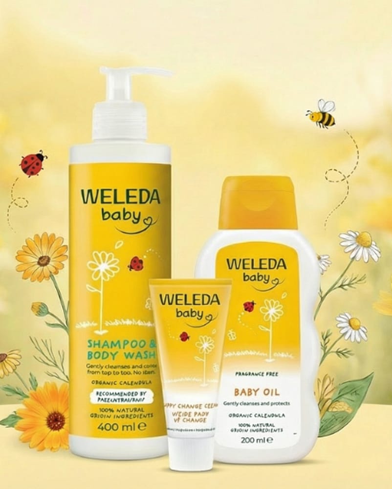 Calendula produkter med blommor i bakgrunden.