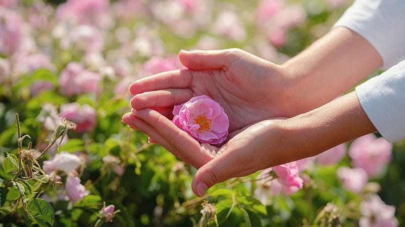 Wildrosenblüte in Händen