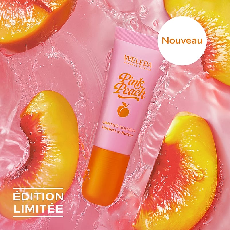 Baume lèvres teinté pink peach sur fond rose