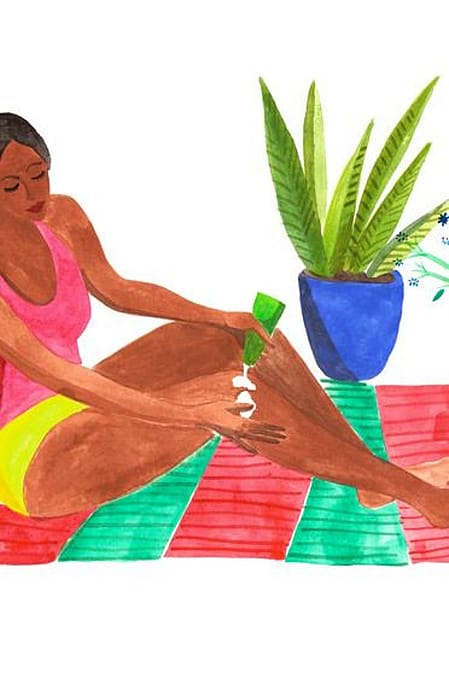illustration where a woman sitting on a colorful mat, applying lotion to her legs.