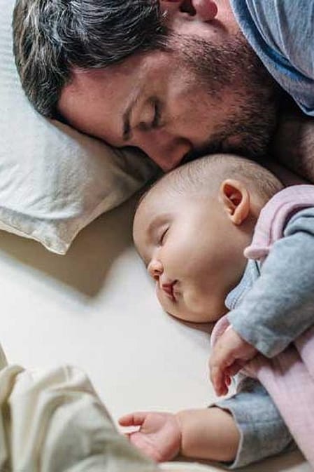 Family lying in bed
