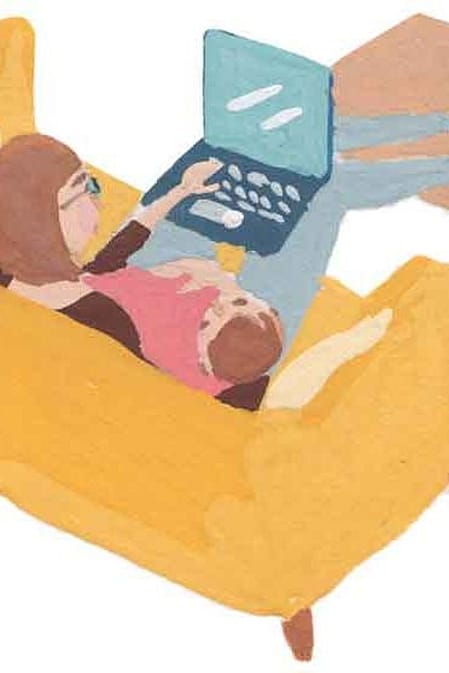 illustration mom in couch with baby and laptop
