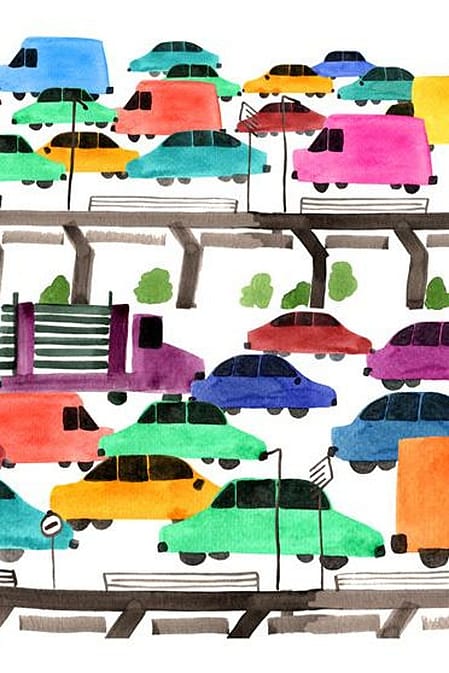 Diagram of colourful cars in a traffic jam.