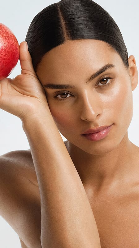 Aceite facial reafirmante de granada junto a la crema de día y los ingredientes, granada y maca