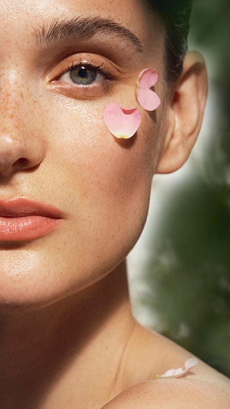 femme avec pétale de rose sur la joue