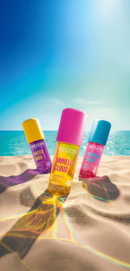 Weleda hair & body mist i sanden vid stranden