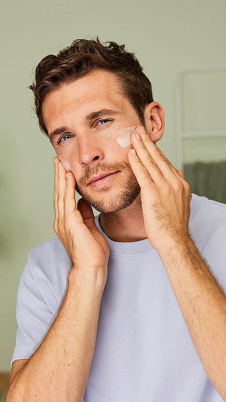 Man in bathroom looking at his face.