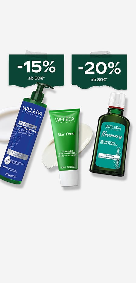 Staffelrabatt ab 50€ 15%, ab 80€ 20%. Drei Weleda Produkte