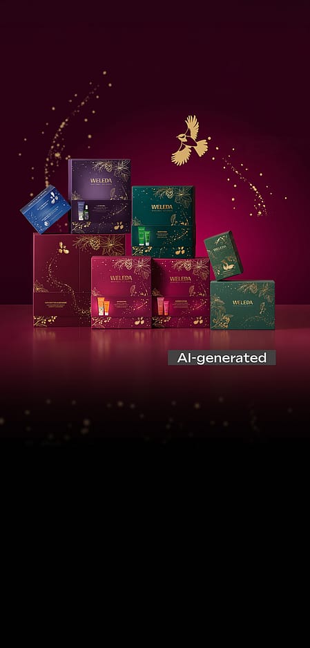 Unterschiedliche Weleda Geschenksets auf roten Hintergrund mit goldenen Akzenten