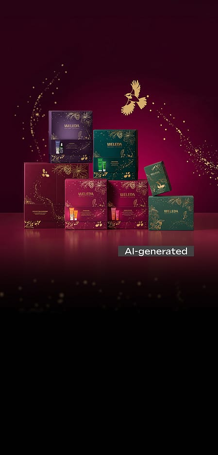 Unterschiedliche Weleda Geschenksets auf roten Hintergrund mit goldenen Akzenten