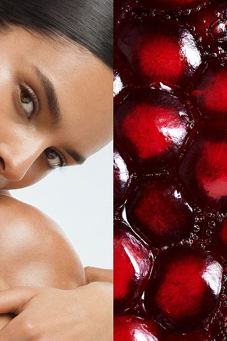 Immagine a sinistra donna che si abbraccia le gambe, a sinistra i grani del melograno